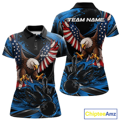 Custom Blue Flame American Flag Eagle Patriotic Bowling Women Polo Shirt, Team Uniform IPHW12348
