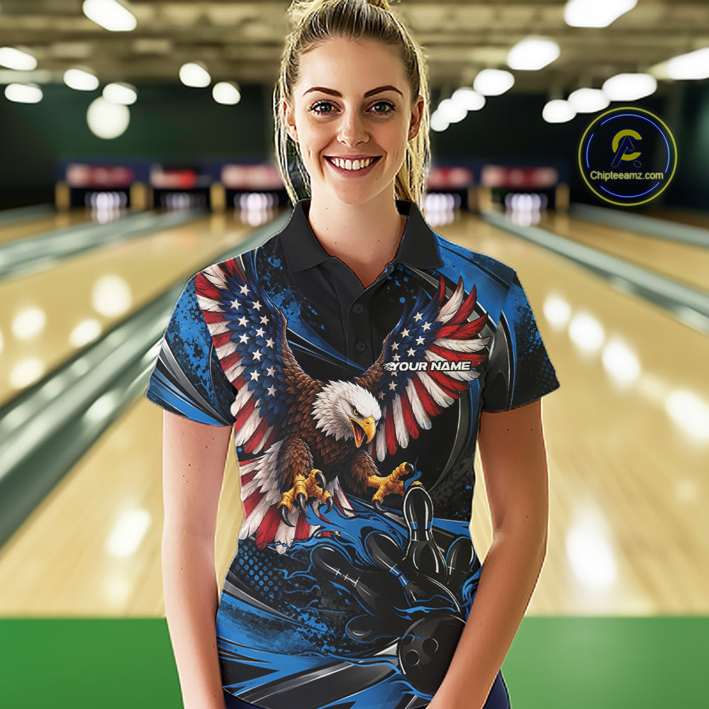 Custom Blue Flame American Flag Eagle Patriotic Bowling Women Polo Shirt, Team Uniform IPHW12348