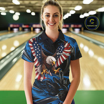 Custom Blue Flame American Flag Eagle Patriotic Bowling Women Polo Shirt, Team Uniform IPHW12348