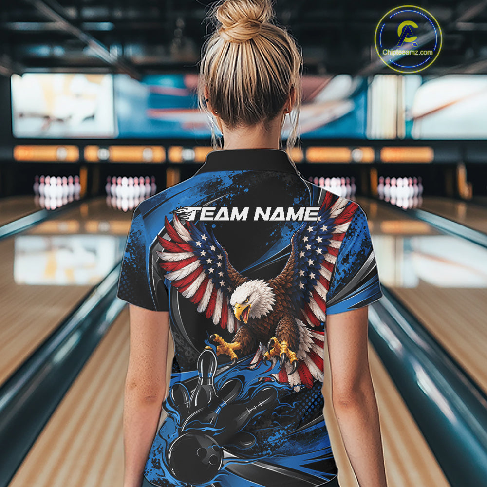 Custom Blue Flame American Flag Eagle Patriotic Bowling Women Polo Shirt, Team Uniform IPHW12348