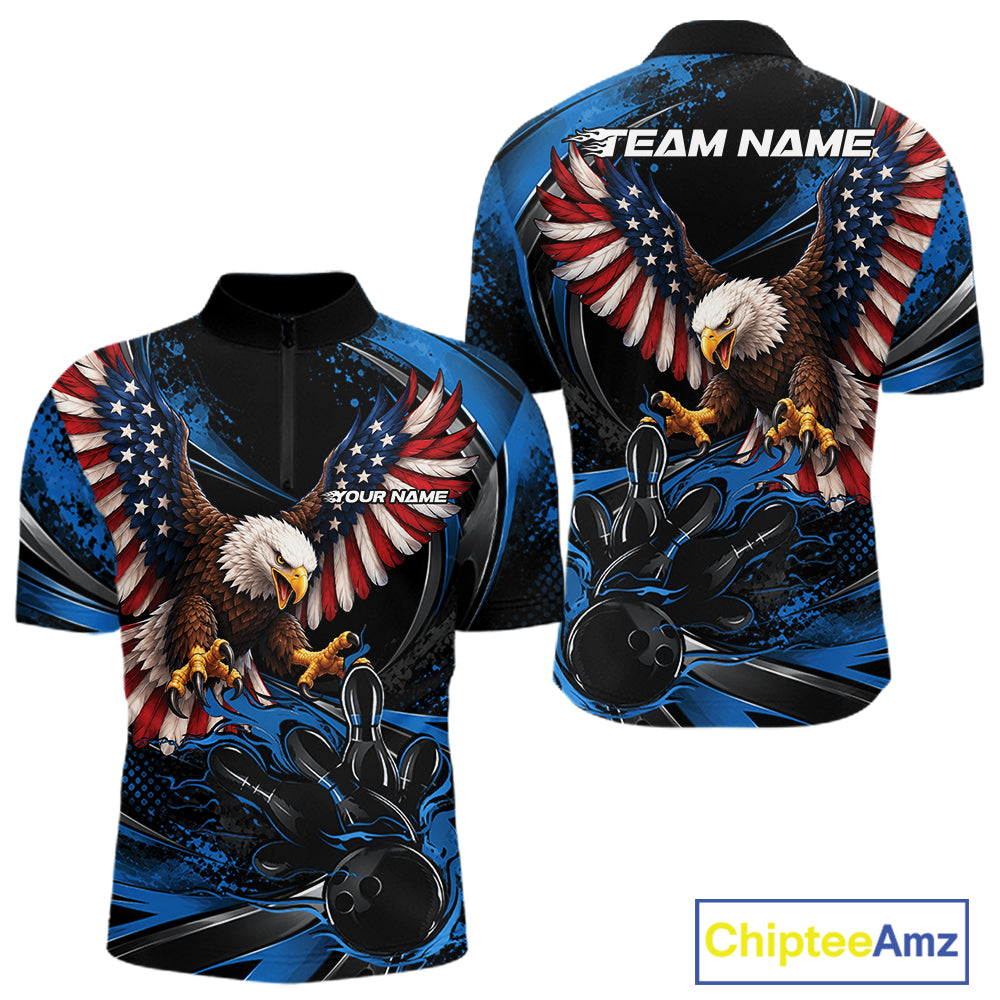 Custom Blue Flame American Flag Eagle Patriotic Bowling Men Quarter Zip Shirt, Team Uniform IPHW12348