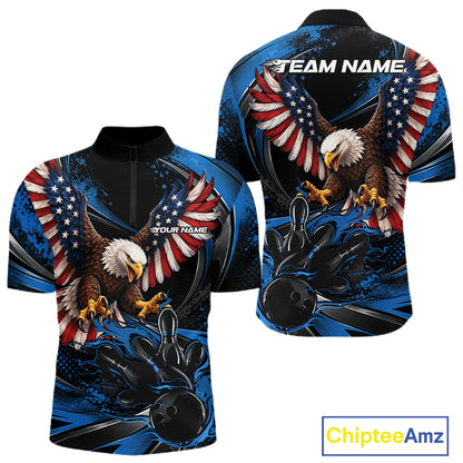 Custom Blue Flame American Flag Eagle Patriotic Bowling Men Quarter Zip Shirt, Team Uniform IPHW12348