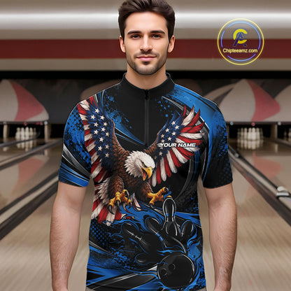 Custom Blue Flame American Flag Eagle Patriotic Bowling Men Quarter Zip Shirt, Team Uniform IPHW12348