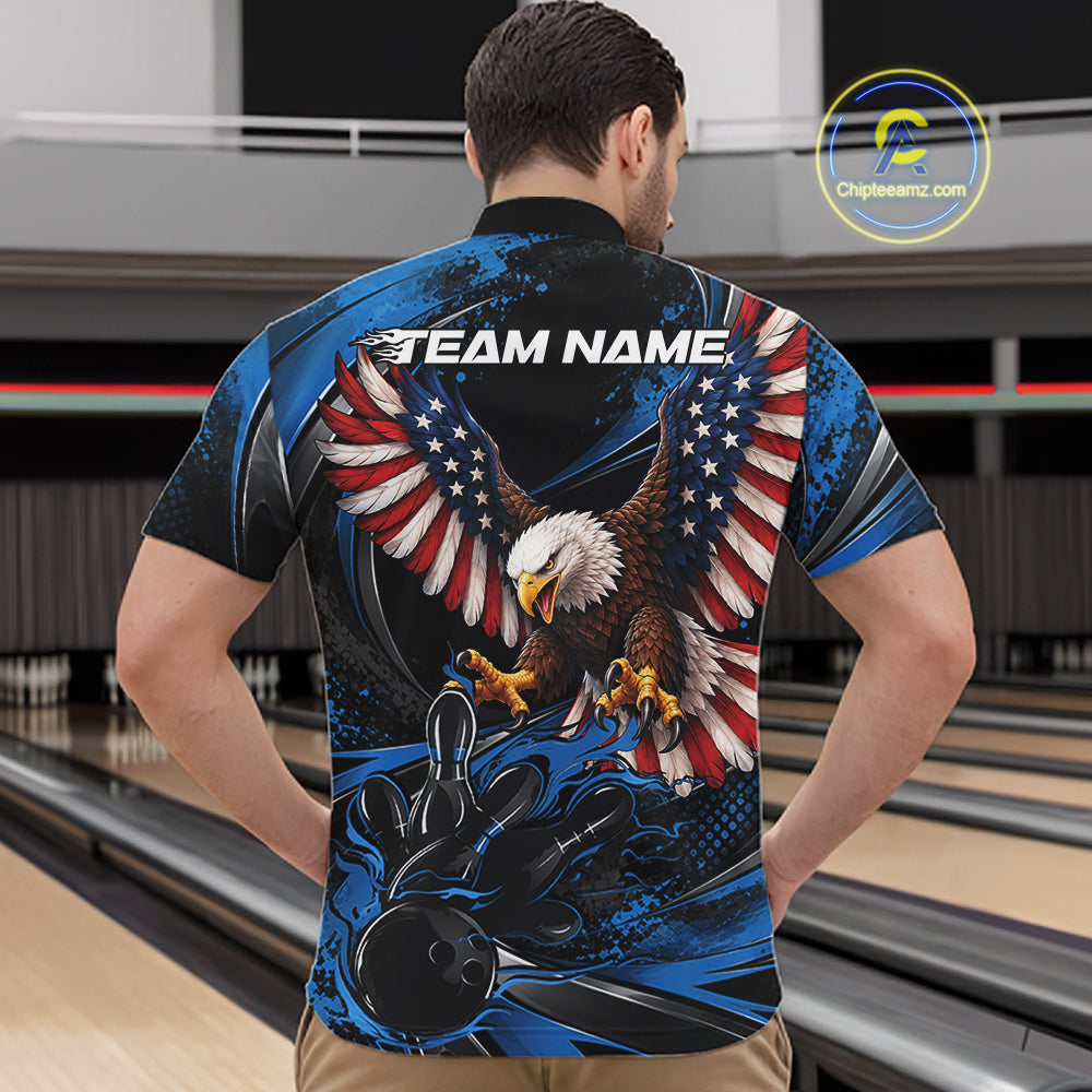 Custom Blue Flame American Flag Eagle Patriotic Bowling Men Quarter Zip Shirt, Team Uniform IPHW12348