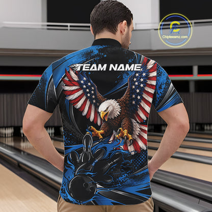 Custom Blue Flame American Flag Eagle Patriotic Bowling Men Quarter Zip Shirt, Team Uniform IPHW12348