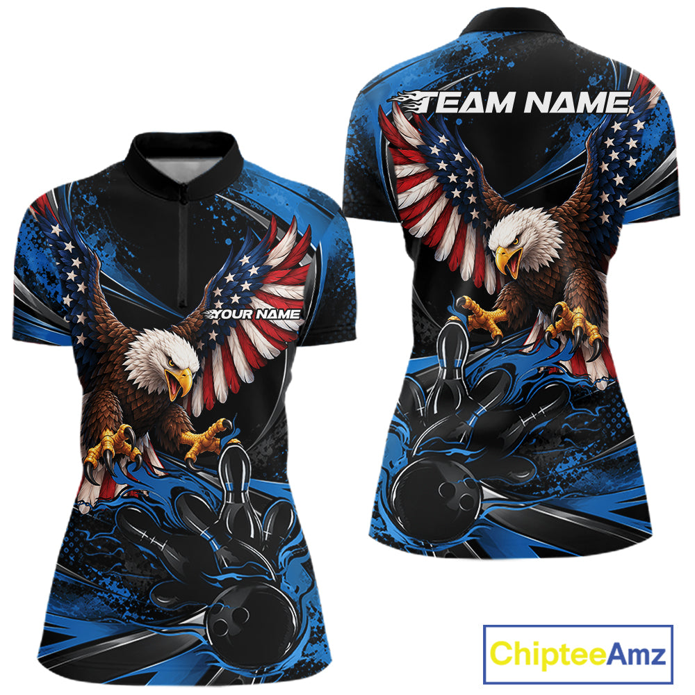 Custom Blue Flame American Flag Eagle Patriotic Bowling Women Quarter-Zip Shirt IPHW12348
