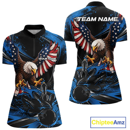 Custom Blue Flame American Flag Eagle Patriotic Bowling Women Quarter-Zip Shirt IPHW12348