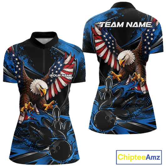 Custom Blue Flame American Flag Eagle Patriotic Bowling Women Quarter-Zip Shirt IPHW12348