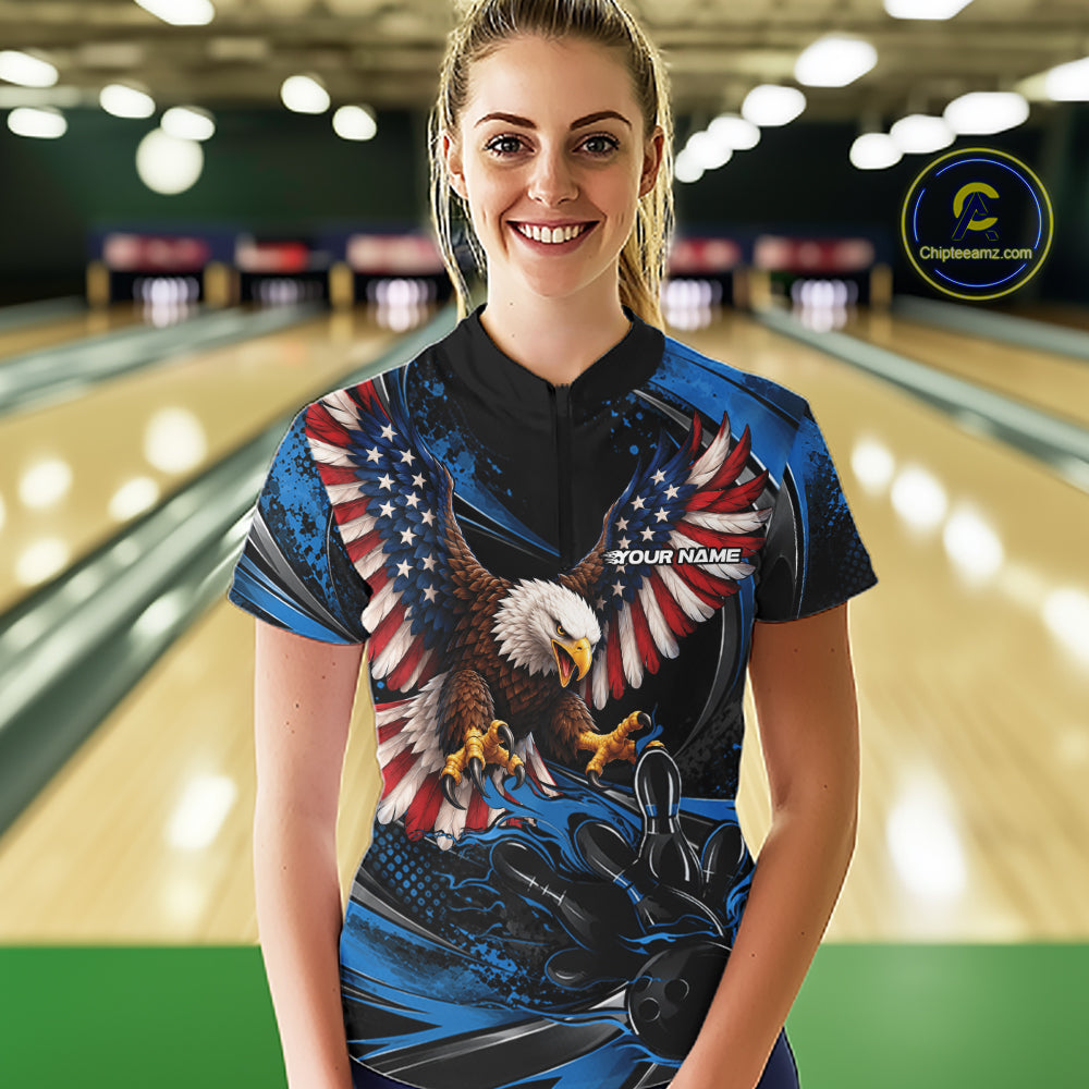 Custom Blue Flame American Flag Eagle Patriotic Bowling Women Quarter-Zip Shirt IPHW12348