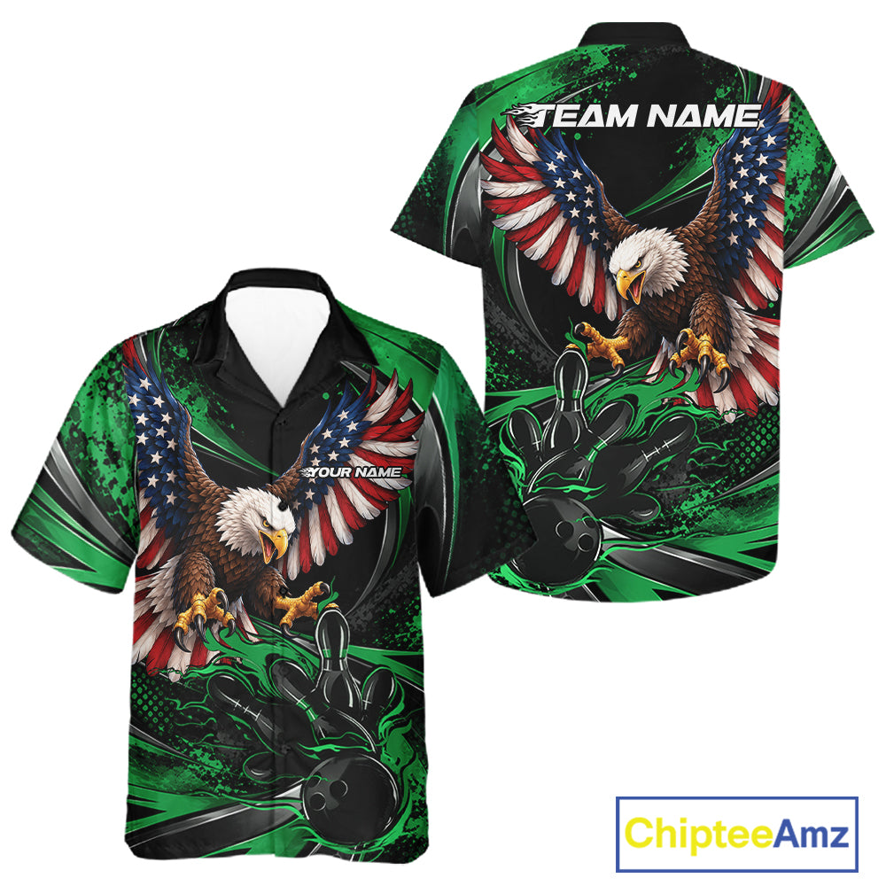 Custom Green Flame American Flag Eagle Patriotic Bowling Men And Women Button Up Shirt, Team Uniform IPHW12349
