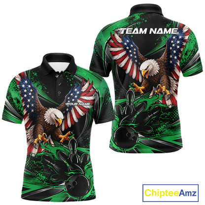 Custom Green Flame American Flag Eagle Patriotic Bowling Men Polo Shirt, Team Uniform IPHW12349