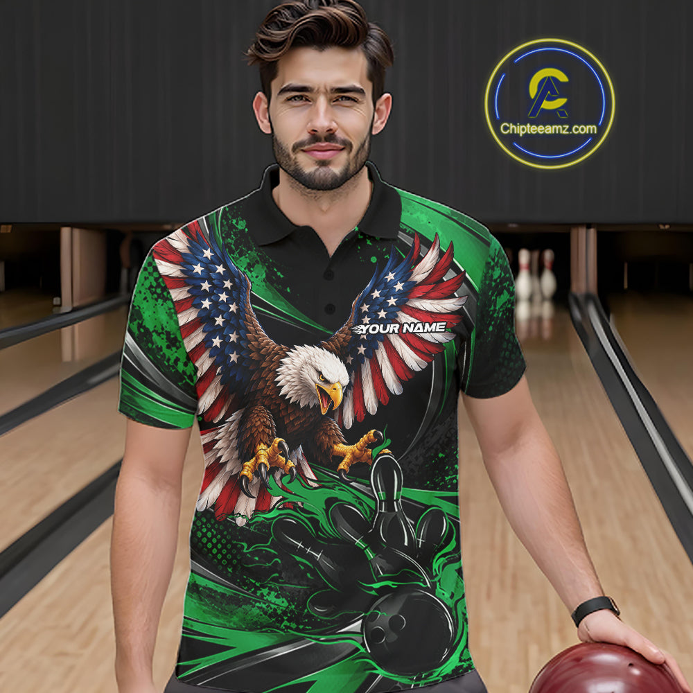 Custom Green Flame American Flag Eagle Patriotic Bowling Men Polo Shirt, Team Uniform IPHW12349