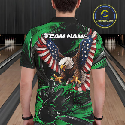 Custom Green Flame American Flag Eagle Patriotic Bowling Men Polo Shirt, Team Uniform IPHW12349