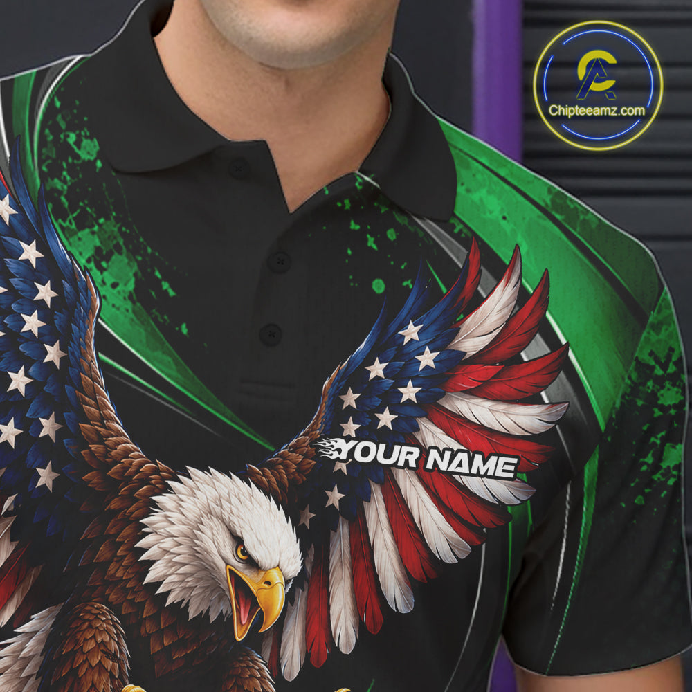Custom Green Flame American Flag Eagle Patriotic Bowling Men Polo Shirt, Team Uniform IPHW12349