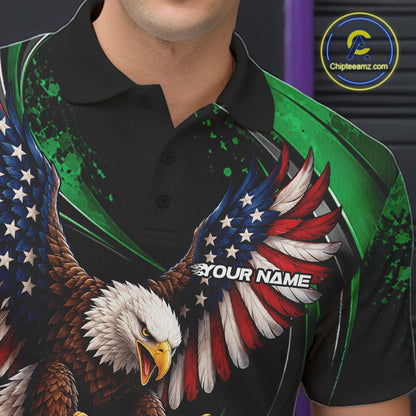 Custom Green Flame American Flag Eagle Patriotic Bowling Men Polo Shirt, Team Uniform IPHW12349