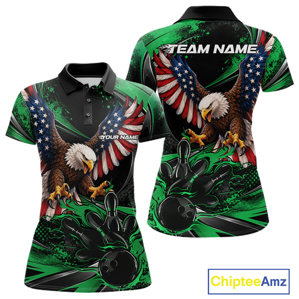 Custom Green Flame American Flag Eagle Patriotic Bowling Women Polo Shirt, Team Uniform IPHW12349