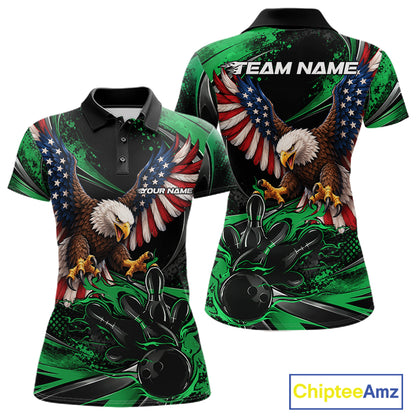 Custom Green Flame American Flag Eagle Patriotic Bowling Women Polo Shirt, Team Uniform IPHW12349