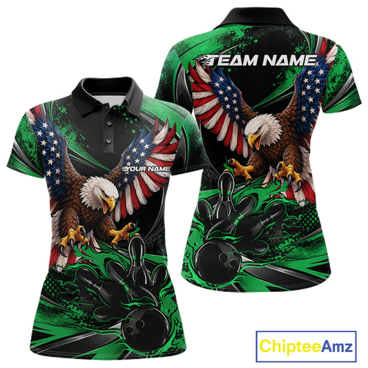 Custom Green Flame American Flag Eagle Patriotic Bowling Women Polo Shirt, Team Uniform IPHW12349