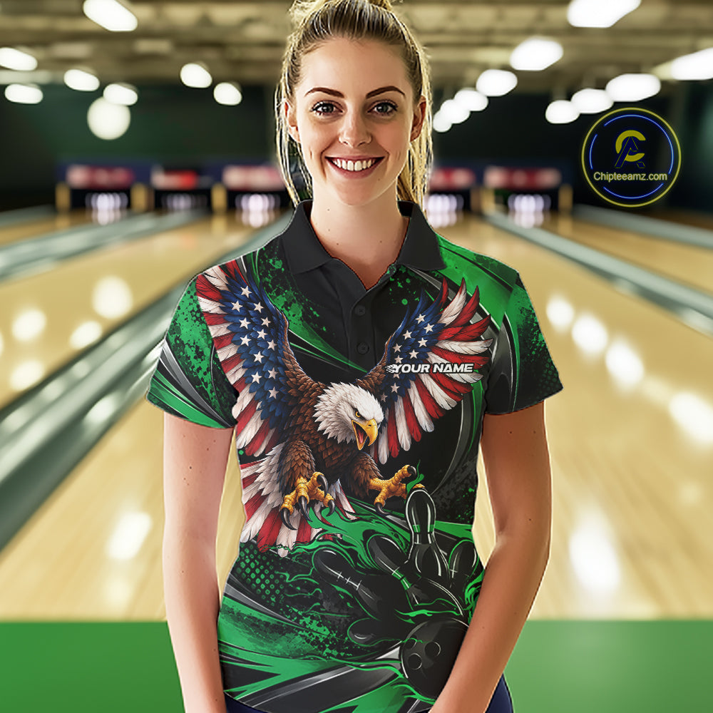 Custom Green Flame American Flag Eagle Patriotic Bowling Women Polo Shirt, Team Uniform IPHW12349