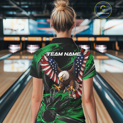 Custom Green Flame American Flag Eagle Patriotic Bowling Women Polo Shirt, Team Uniform IPHW12349