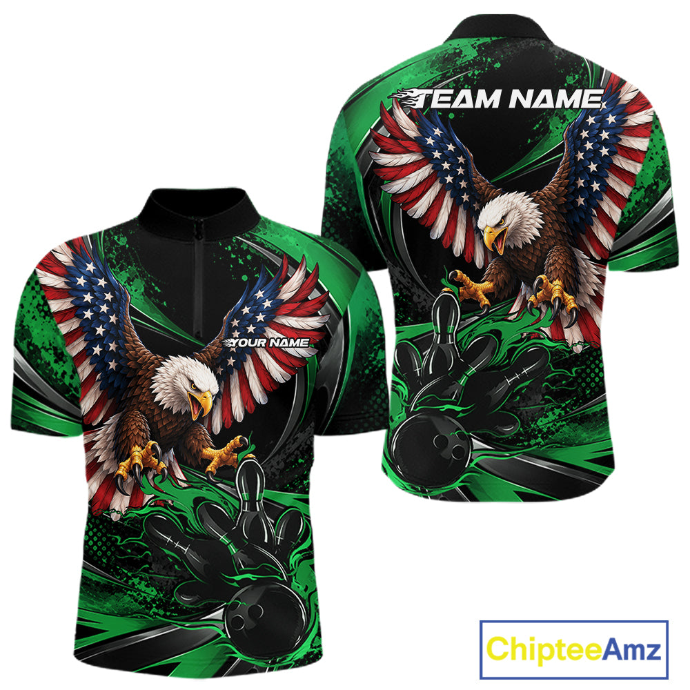 Custom Green Flame American Flag Eagle Patriotic Bowling Men Quarter Zip Shirt, Team Uniform IPHW12349
