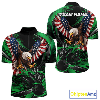 Custom Green Flame American Flag Eagle Patriotic Bowling Men Quarter Zip Shirt, Team Uniform IPHW12349