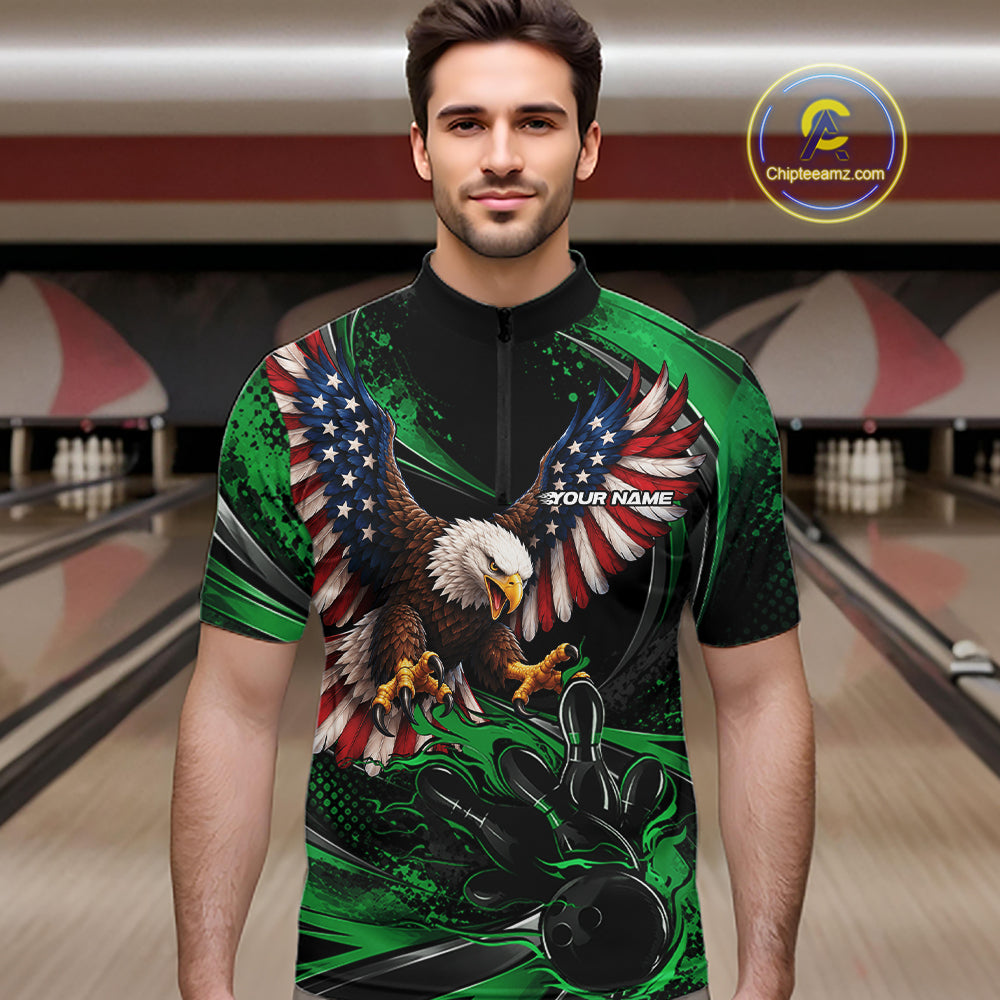 Custom Green Flame American Flag Eagle Patriotic Bowling Men Quarter Zip Shirt, Team Uniform IPHW12349
