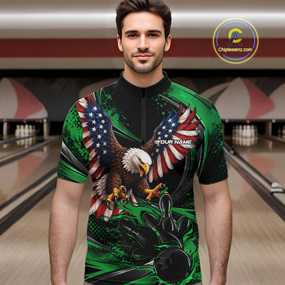 Custom Green Flame American Flag Eagle Patriotic Bowling Men Quarter Zip Shirt, Team Uniform IPHW12349