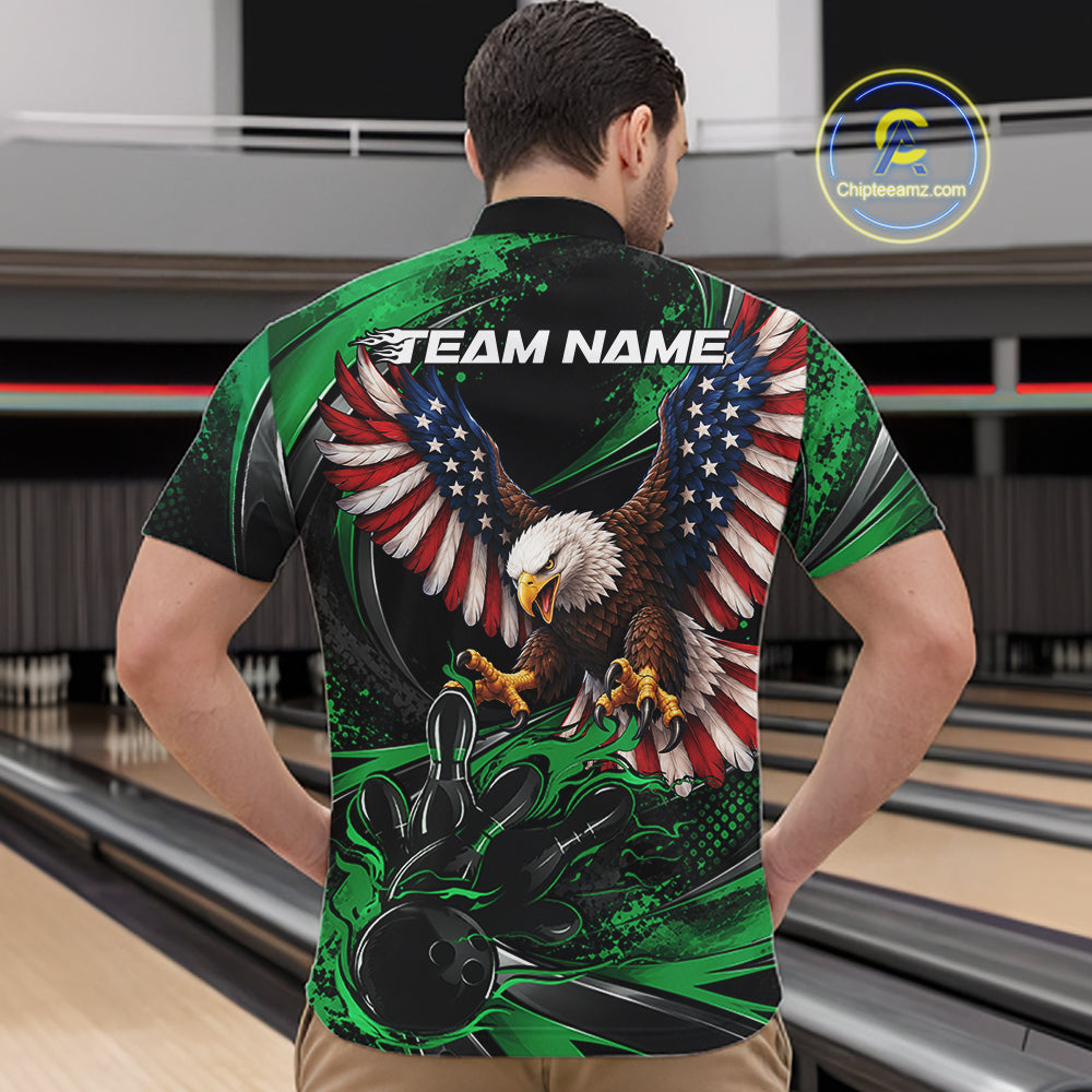 Custom Green Flame American Flag Eagle Patriotic Bowling Men Quarter Zip Shirt, Team Uniform IPHW12349