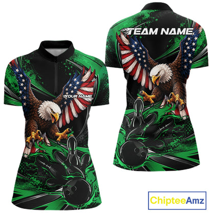 Custom Green Flame American Flag Eagle Patriotic Bowling Women Quarter-Zip Shirt IPHW12349