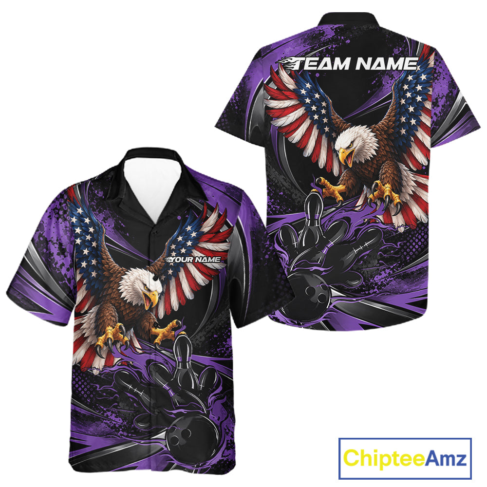 Custom Purple Flame American Flag Eagle Patriotic Bowling Men And Women Button Up Shirt, Team Uniform IPHW12350