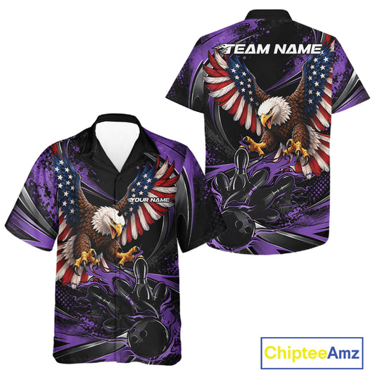 Custom Purple Flame American Flag Eagle Patriotic Bowling Men And Women Button Up Shirt, Team Uniform IPHW12350