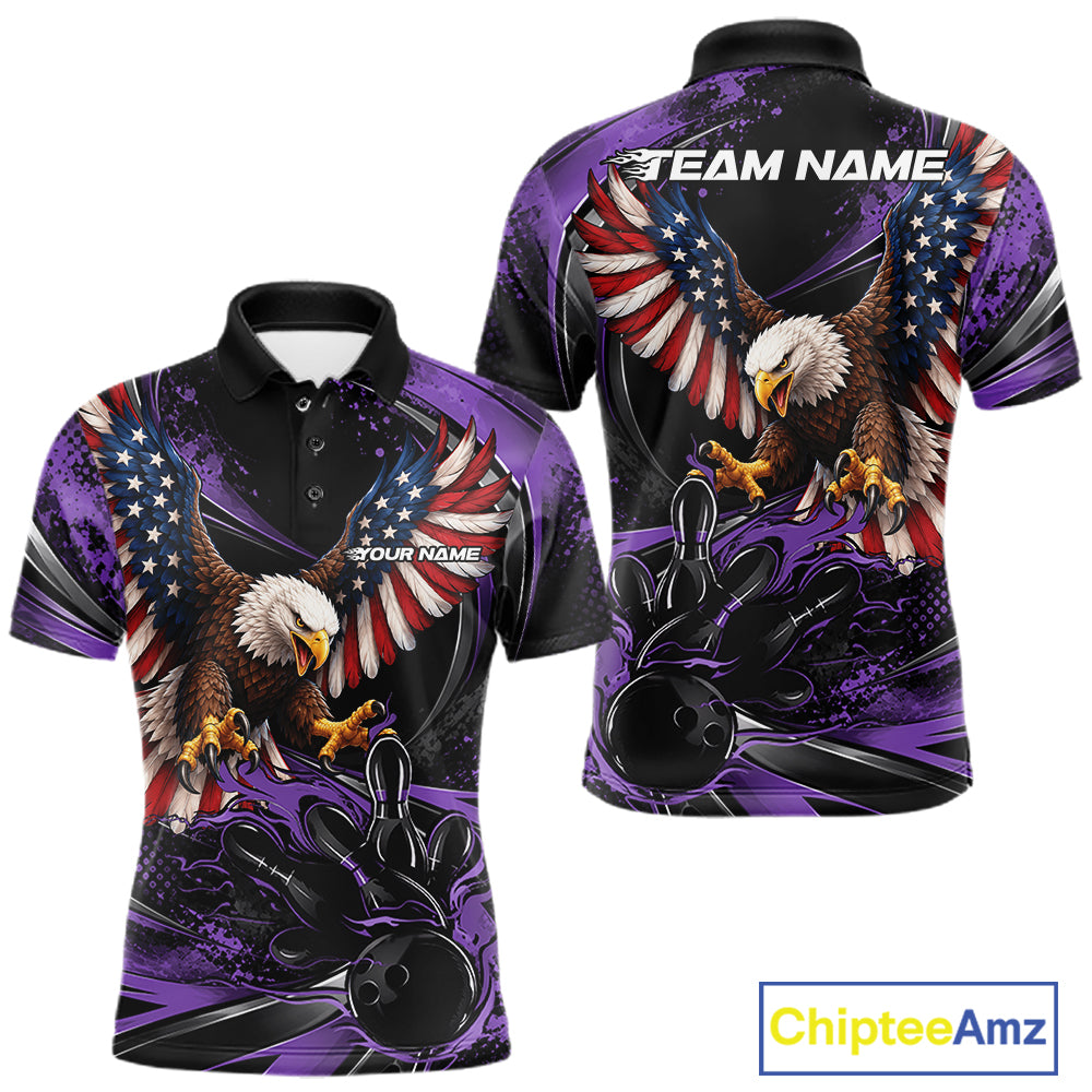 Custom Purple Flame American Flag Eagle Patriotic Bowling Men Polo Shirt, Team Uniform IPHW12350