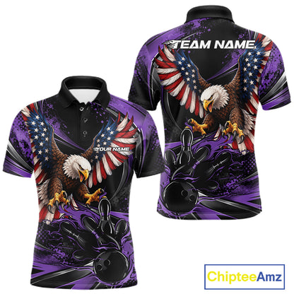 Custom Purple Flame American Flag Eagle Patriotic Bowling Men Polo Shirt, Team Uniform IPHW12350