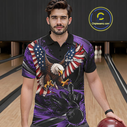 Custom Purple Flame American Flag Eagle Patriotic Bowling Men Polo Shirt, Team Uniform IPHW12350
