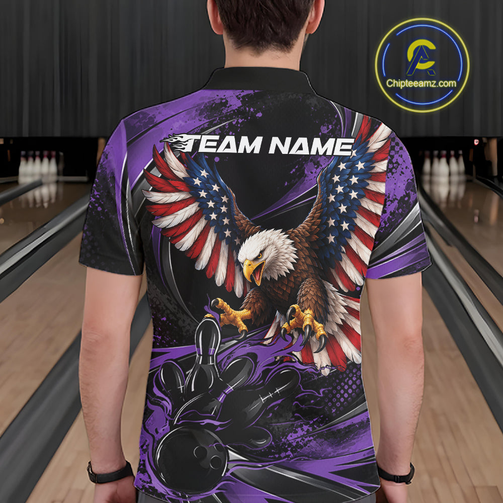 Custom Purple Flame American Flag Eagle Patriotic Bowling Men Polo Shirt, Team Uniform IPHW12350