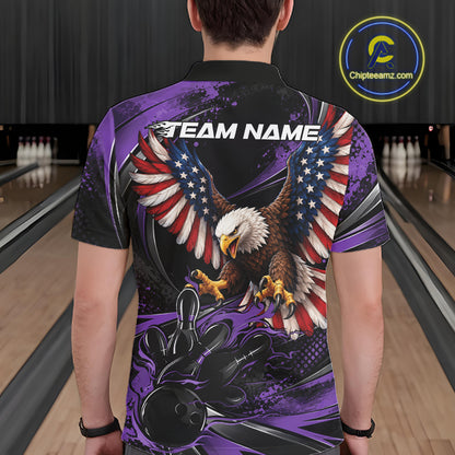 Custom Purple Flame American Flag Eagle Patriotic Bowling Men Polo Shirt, Team Uniform IPHW12350