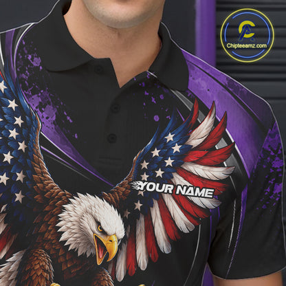Custom Purple Flame American Flag Eagle Patriotic Bowling Men Polo Shirt, Team Uniform IPHW12350