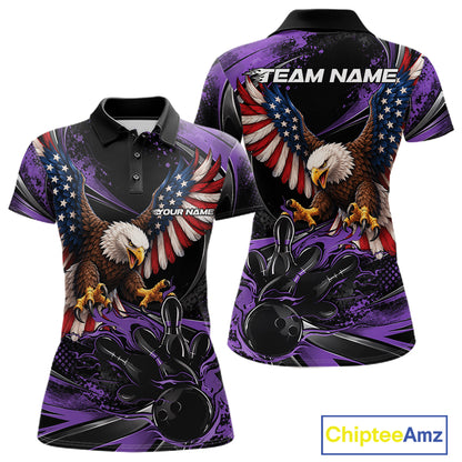 Custom Purple Flame American Flag Eagle Patriotic Bowling Women Polo Shirt, Team Uniform IPHW12350