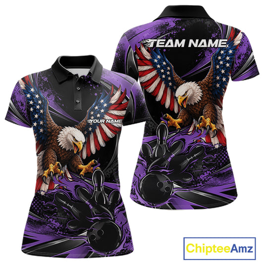 Custom Purple Flame American Flag Eagle Patriotic Bowling Women Polo Shirt, Team Uniform IPHW12350