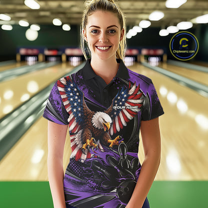 Custom Purple Flame American Flag Eagle Patriotic Bowling Women Polo Shirt, Team Uniform IPHW12350
