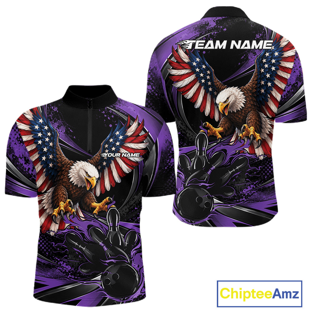 Custom Purple Flame American Flag Eagle Patriotic Bowling Men Quarter Zip Shirt, Team Uniform IPHW12350