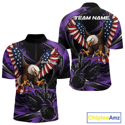 Custom Purple Flame American Flag Eagle Patriotic Bowling Men Quarter Zip Shirt, Team Uniform IPHW12350
