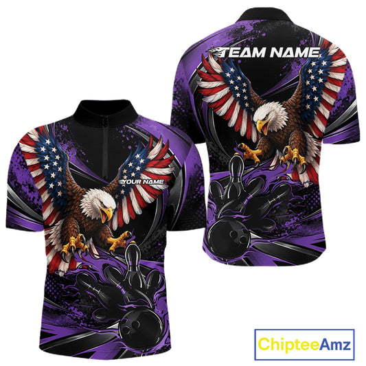 Custom Purple Flame American Flag Eagle Patriotic Bowling Men Quarter Zip Shirt, Team Uniform IPHW12350