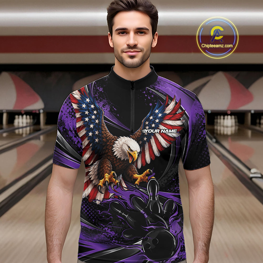 Custom Purple Flame American Flag Eagle Patriotic Bowling Men Quarter Zip Shirt, Team Uniform IPHW12350