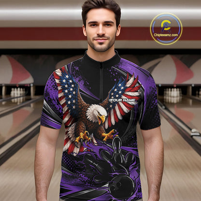 Custom Purple Flame American Flag Eagle Patriotic Bowling Men Quarter Zip Shirt, Team Uniform IPHW12350