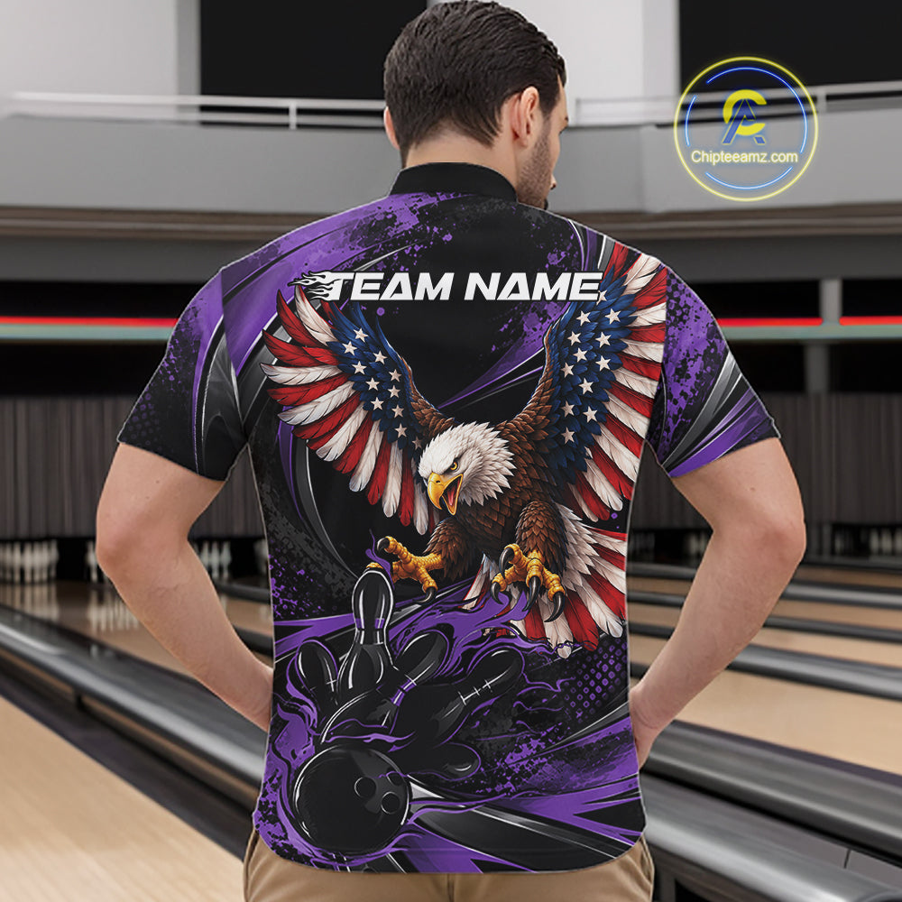 Custom Purple Flame American Flag Eagle Patriotic Bowling Men Quarter Zip Shirt, Team Uniform IPHW12350
