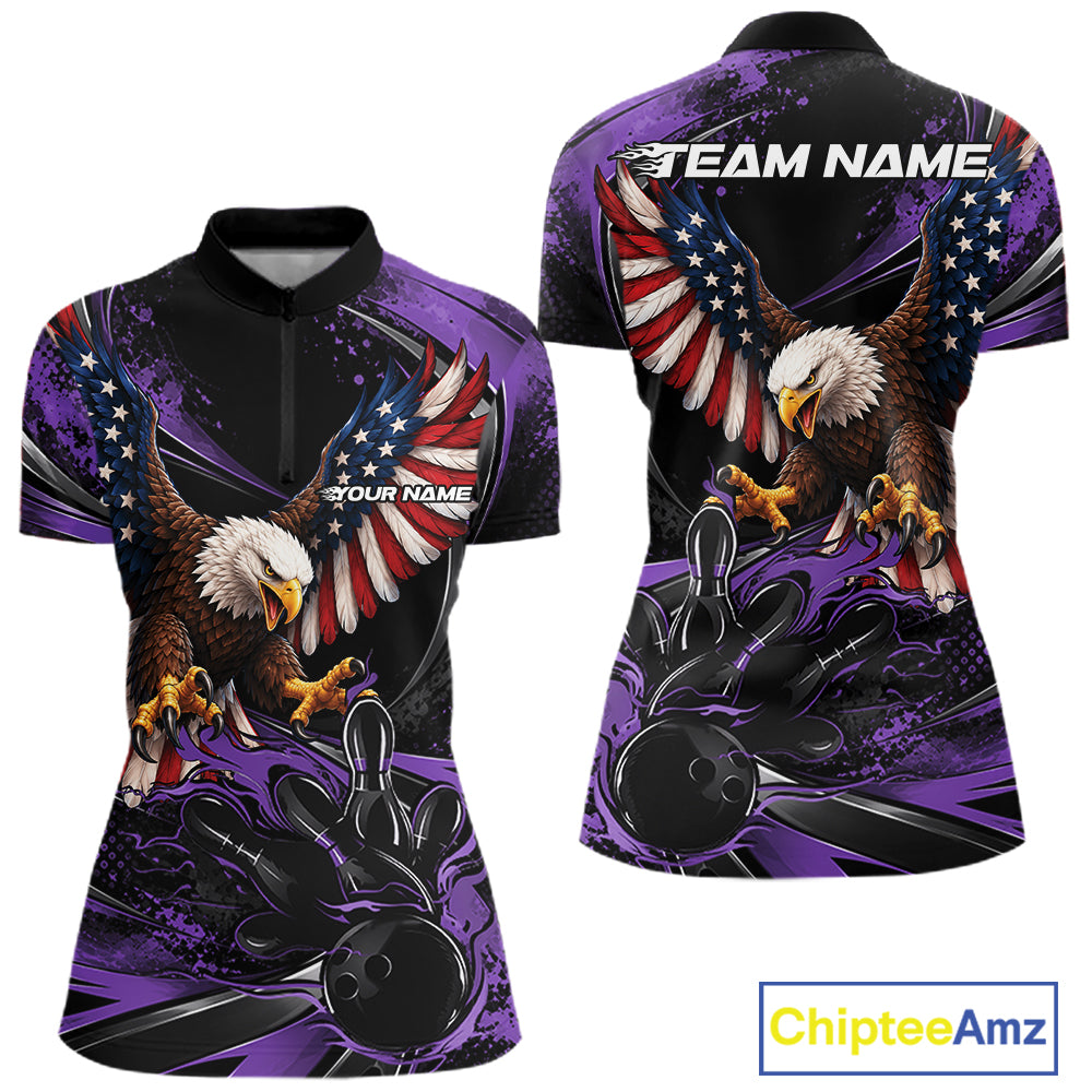 Custom Purple Flame American Flag Eagle Patriotic Bowling Women Quarter-Zip Shirt IPHW12350