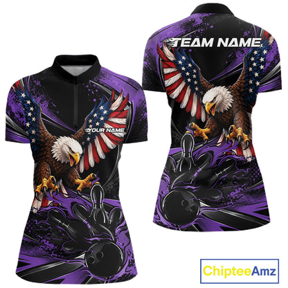 Custom Purple Flame American Flag Eagle Patriotic Bowling Women Quarter-Zip Shirt IPHW12350