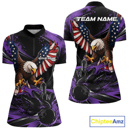 Custom Purple Flame American Flag Eagle Patriotic Bowling Women Quarter-Zip Shirt IPHW12350